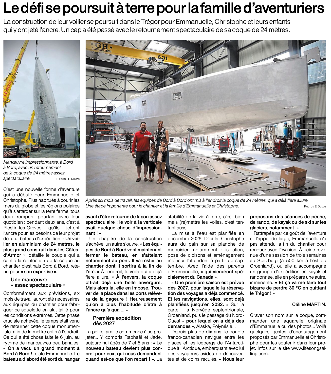Un article de presse Ouest France sur le voilier aluminium LifeSong et sa famille